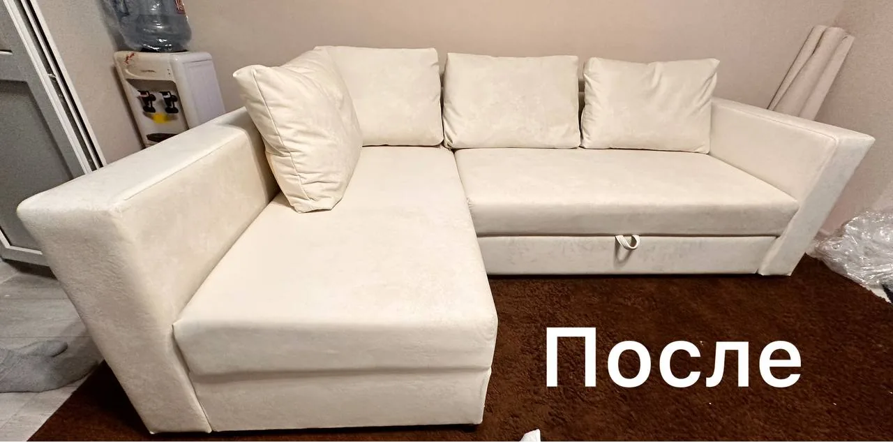 Угловой диван с ящиком после перетяжки в мастерской Грин Див Про